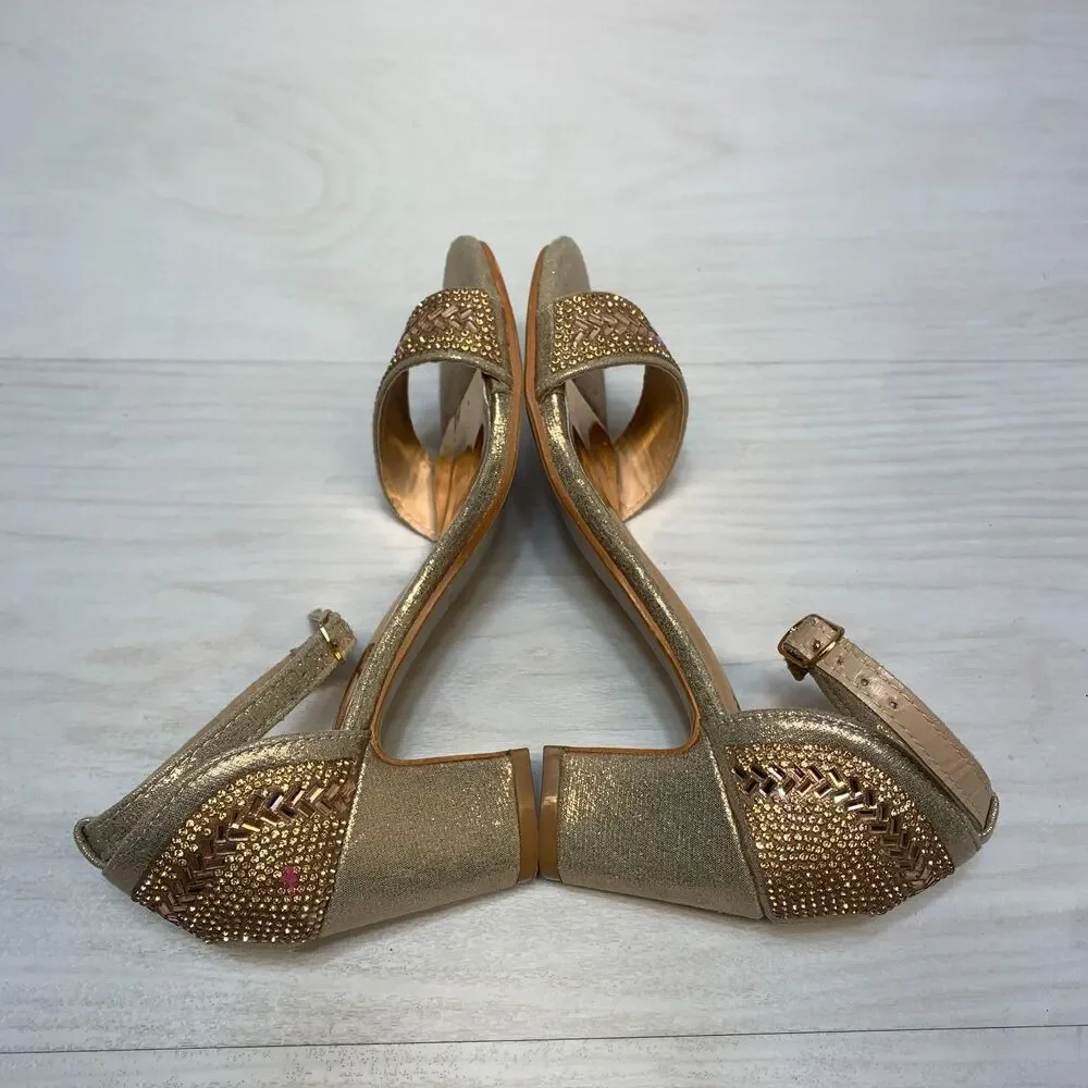 Badgley‎ Mischka Block Heel Sandals Girls Size 1 Gold Rhinestone Ankle Strap
